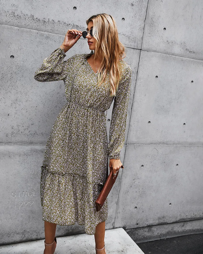 Floral V-neck Ruffles Elastic Waist Midi Dresses