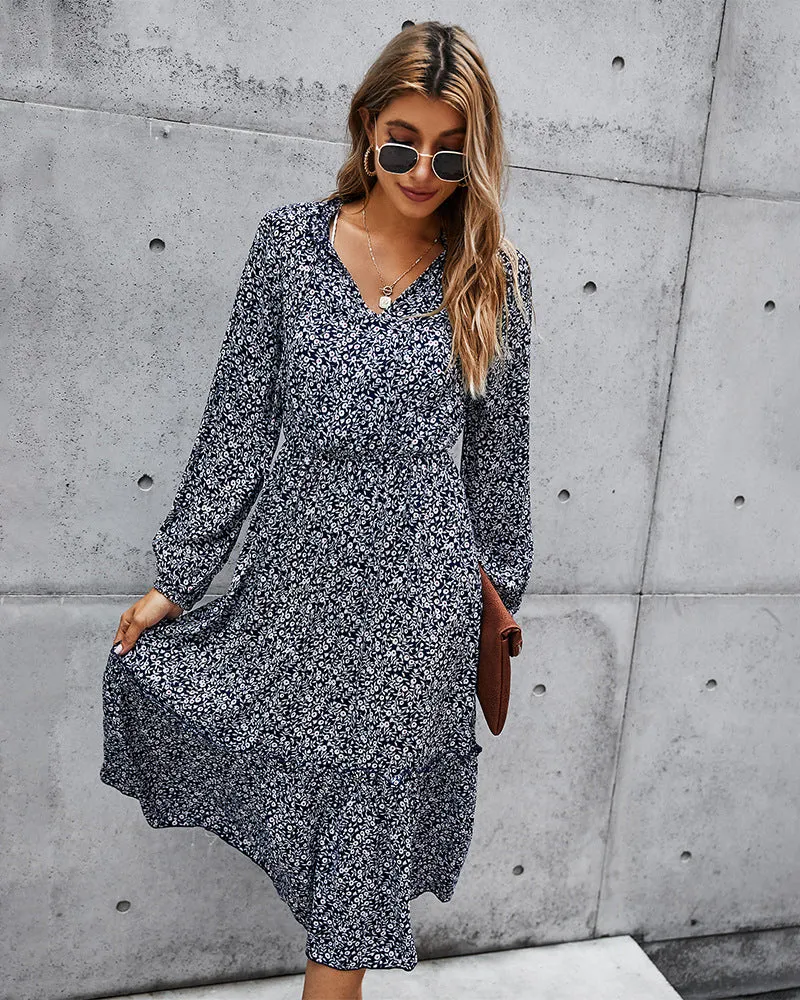 Floral V-neck Ruffles Elastic Waist Midi Dresses