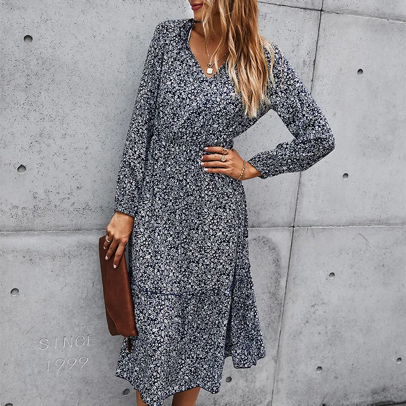 Floral V-neck Ruffles Elastic Waist Midi Dresses