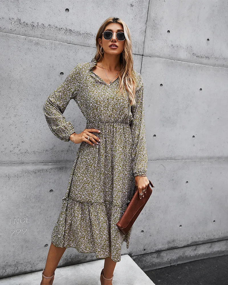 Floral V-neck Ruffles Elastic Waist Midi Dresses