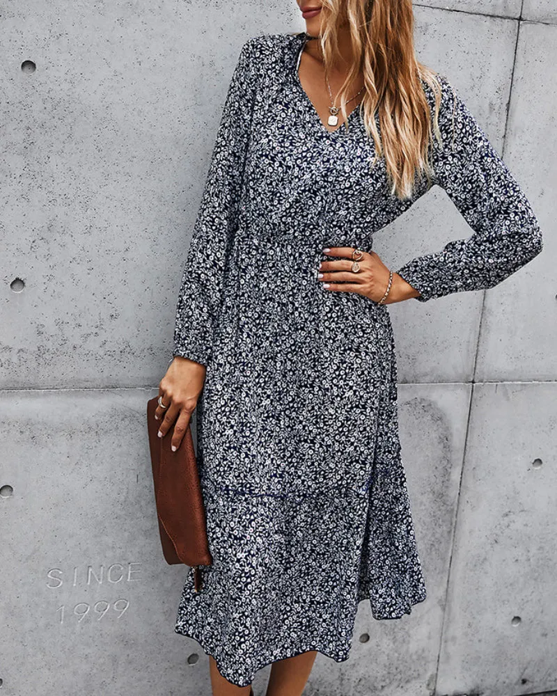 Floral V-neck Ruffles Elastic Waist Midi Dresses