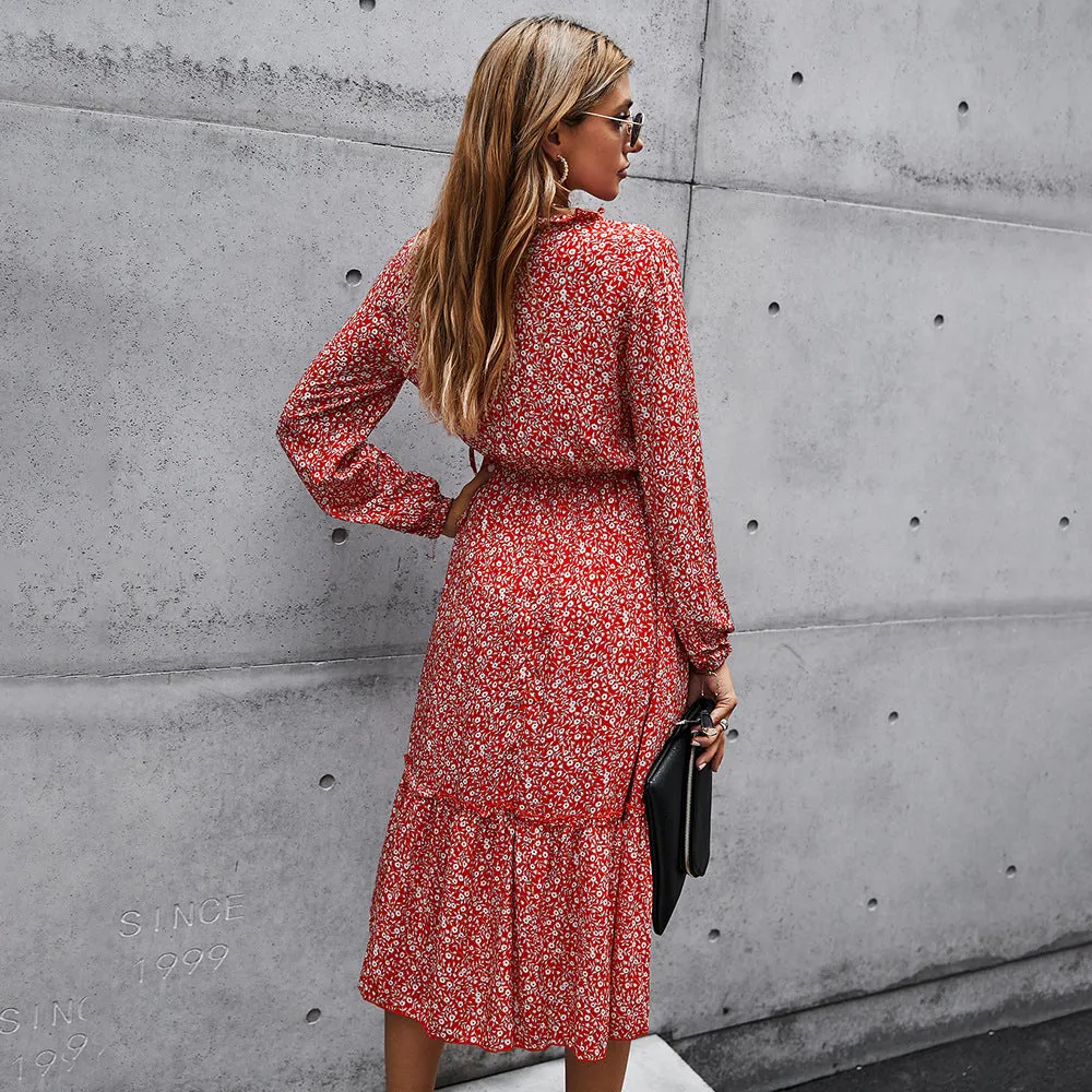 Floral V-neck Ruffles Elastic Waist Midi Dresses