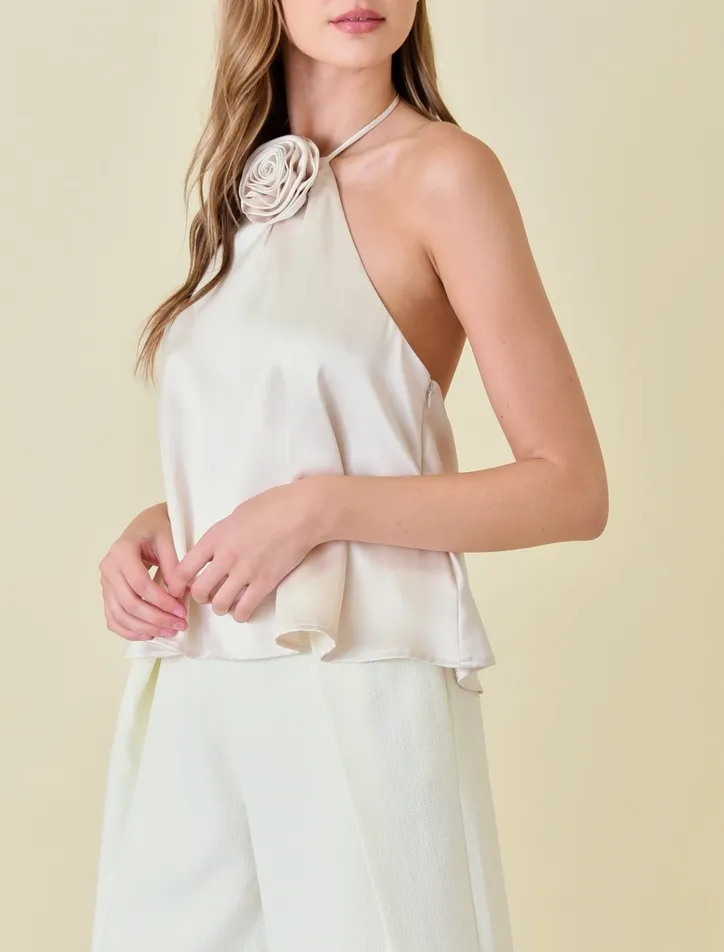 Flower Accent Satin Halter Top