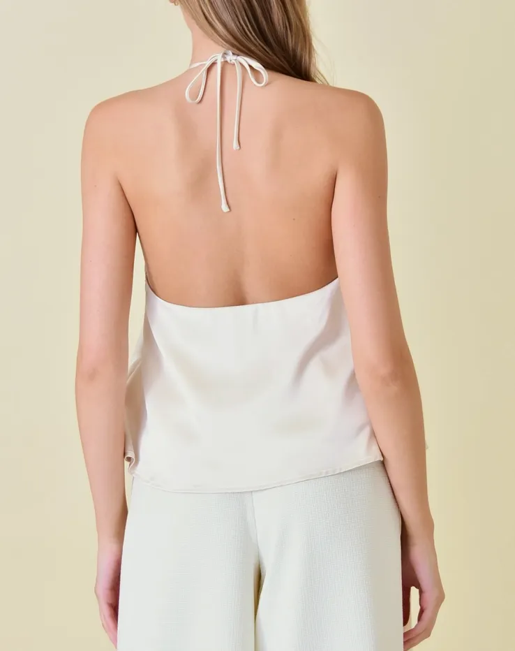 Flower Accent Satin Halter Top