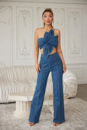 FLOWER WRAP TOP WITH FLARE DENIM PANT SET