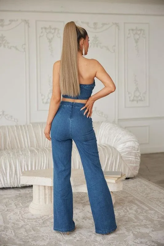 FLOWER WRAP TOP WITH FLARE DENIM PANT SET