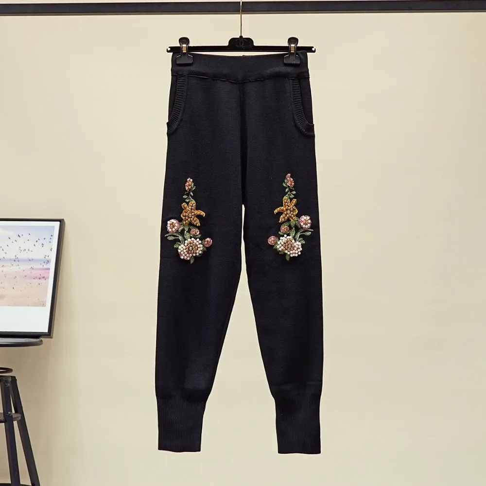 Flowers Knitted Top And Pants Set
