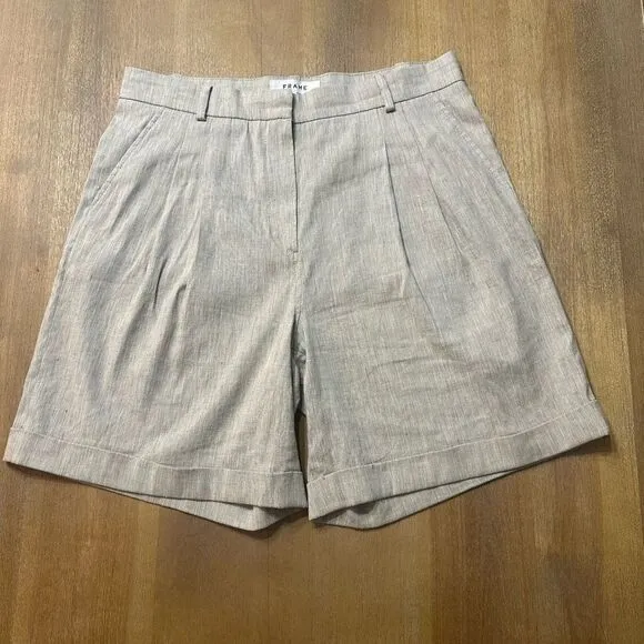 FRAME Pleated Linen-Blend Cuffed Shorts Khaki Size 4