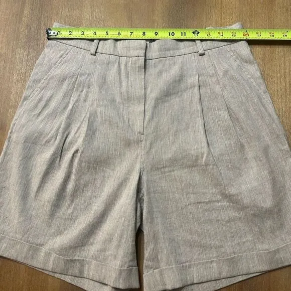 FRAME Pleated Linen-Blend Cuffed Shorts Khaki Size 4