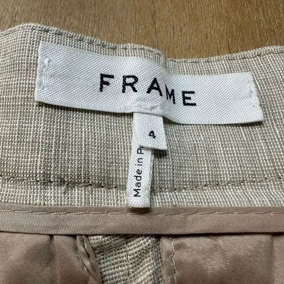 FRAME Pleated Linen-Blend Cuffed Shorts Khaki Size 4