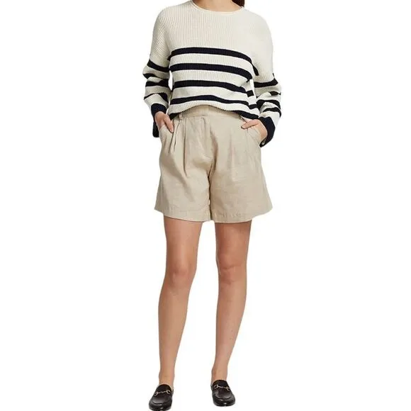 FRAME Pleated Linen-Blend Cuffed Shorts Khaki Size 4