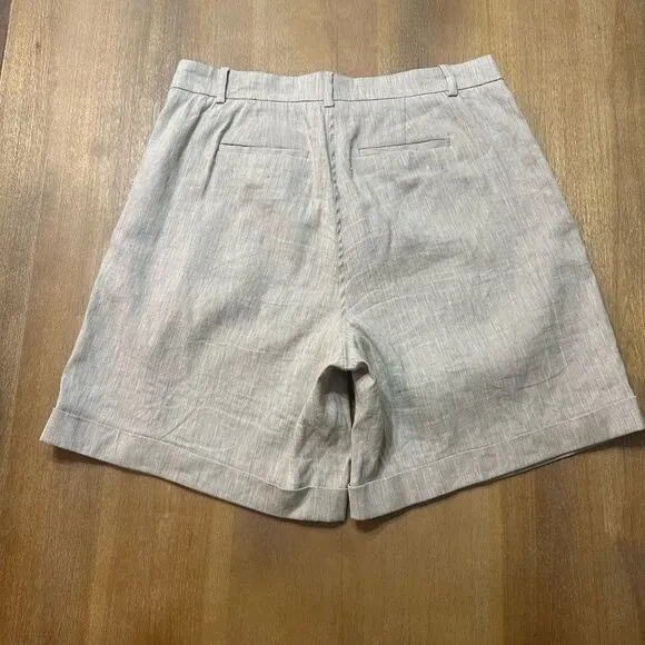 FRAME Pleated Linen-Blend Cuffed Shorts Khaki Size 4