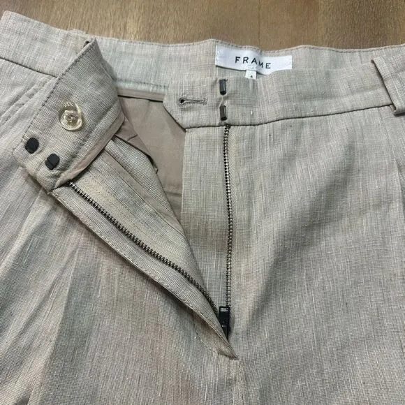 FRAME Pleated Linen-Blend Cuffed Shorts Khaki Size 4