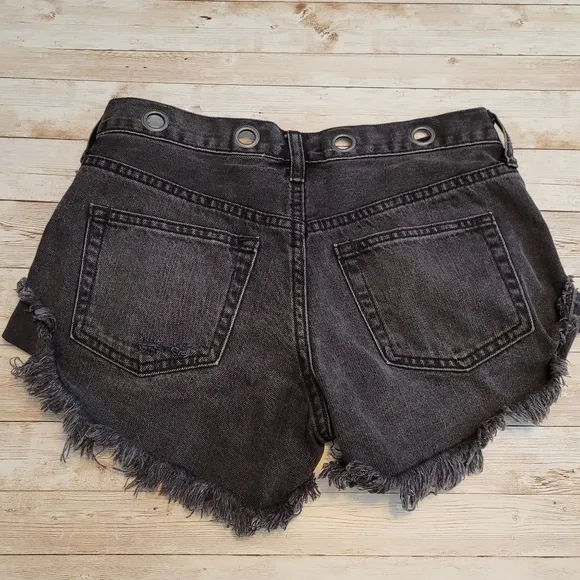 Free People Sashed and Relaxed Grommet Distress Cutoff Denim Shorts Black 24