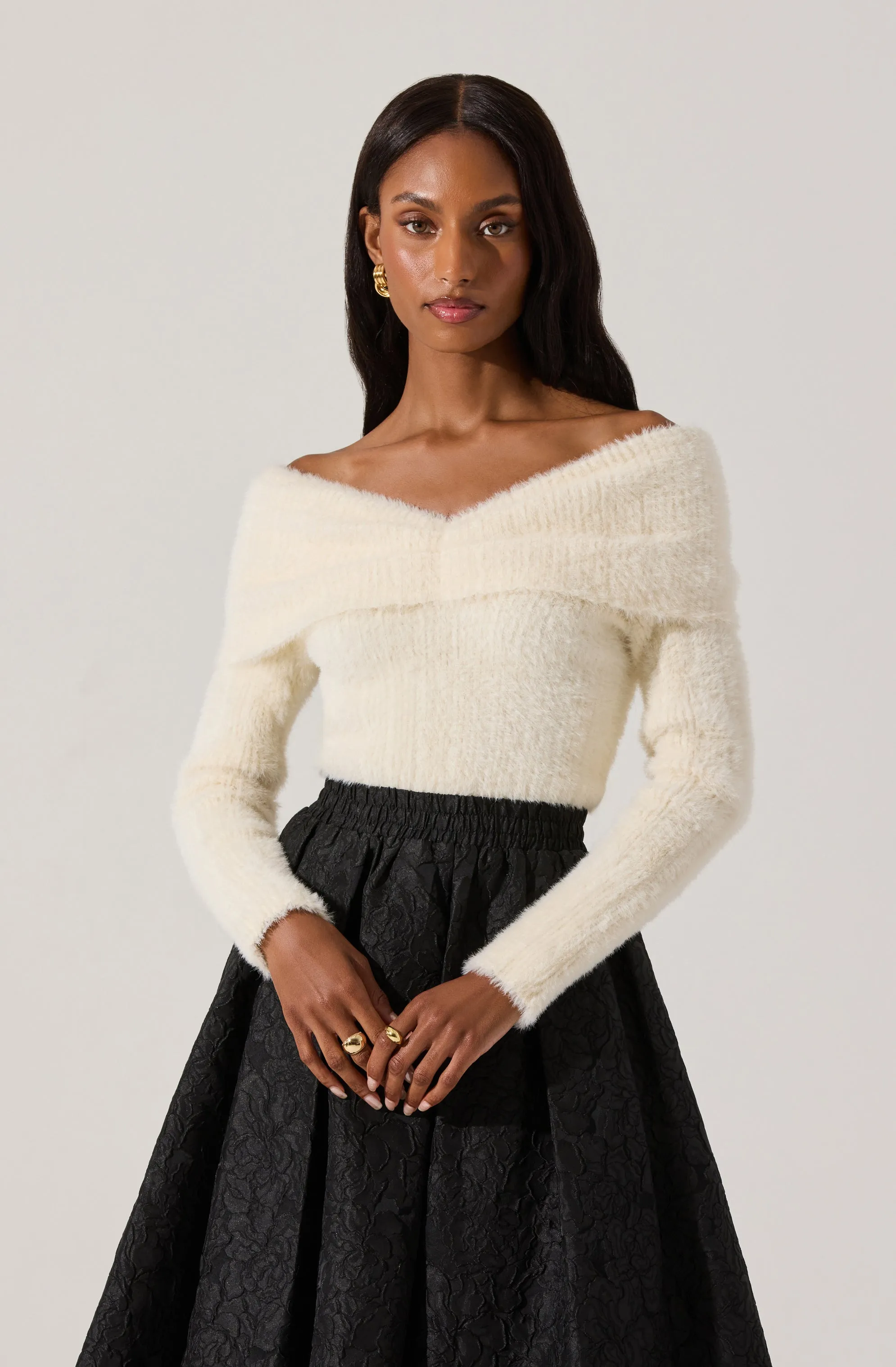 Fuzzy Knit Off Shoulder Sweater