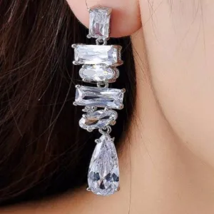 Geometric Cubic Zirconia Bridal Earrings, Multistone Crystal Chandelier Wedding Earrings, Crystal Dangle Earrings, CZ Bridal Jewelry