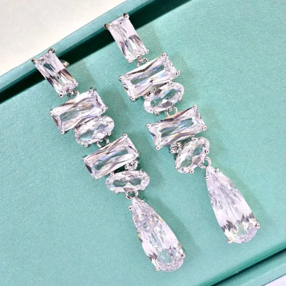 Geometric Cubic Zirconia Bridal Earrings, Multistone Crystal Chandelier Wedding Earrings, Crystal Dangle Earrings, CZ Bridal Jewelry