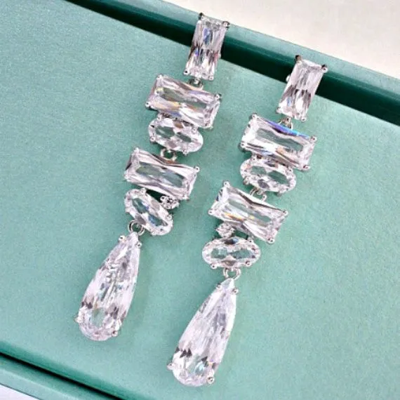 Geometric Cubic Zirconia Bridal Earrings, Multistone Crystal Chandelier Wedding Earrings, Crystal Dangle Earrings, CZ Bridal Jewelry