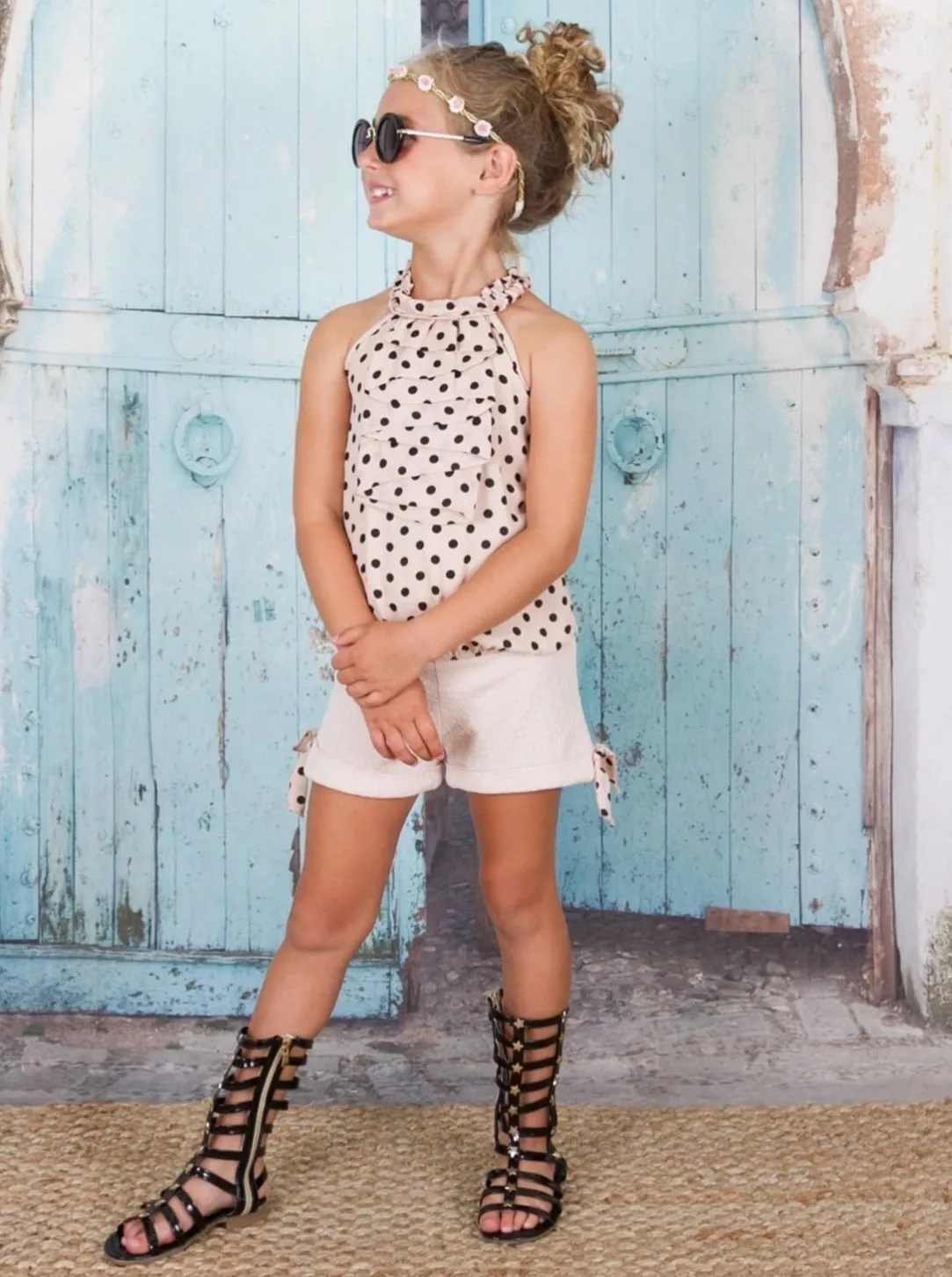 Girls Little Cutie Halter Neck Cascade Front Top & Cuffed Bow Shorts Set