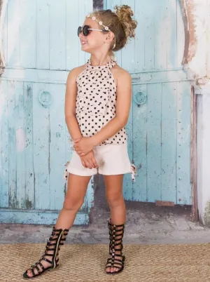 Girls Little Cutie Halter Neck Cascade Front Top & Cuffed Bow Shorts Set