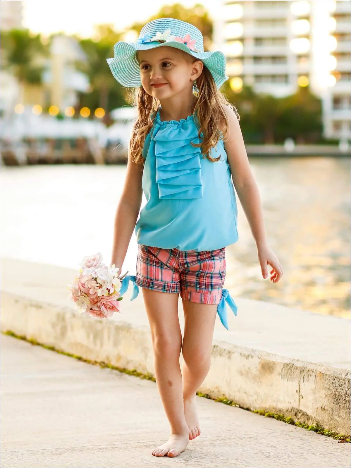 Girls Little Cutie Halter Neck Cascade Front Top & Cuffed Bow Shorts Set