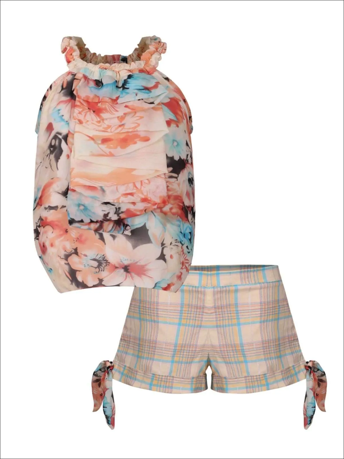 Girls Little Cutie Halter Neck Cascade Front Top & Cuffed Bow Shorts Set