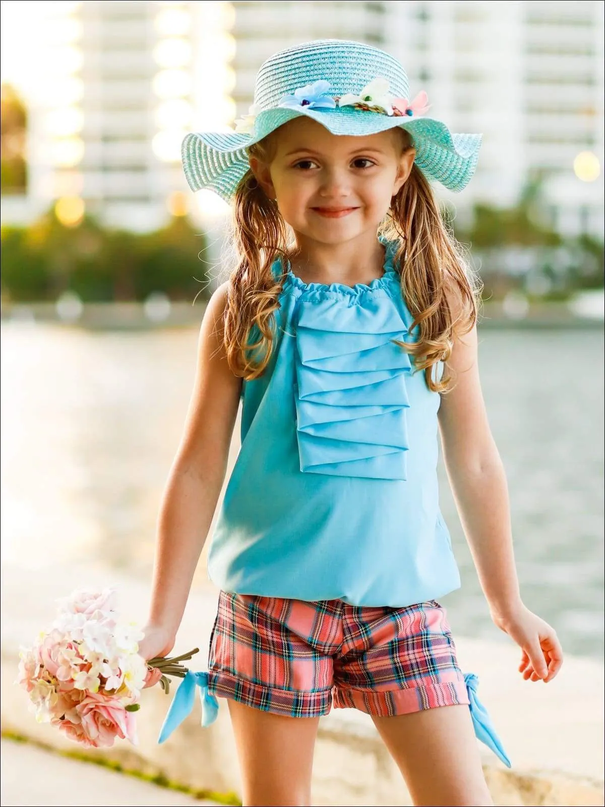 Girls Little Cutie Halter Neck Cascade Front Top & Cuffed Bow Shorts Set