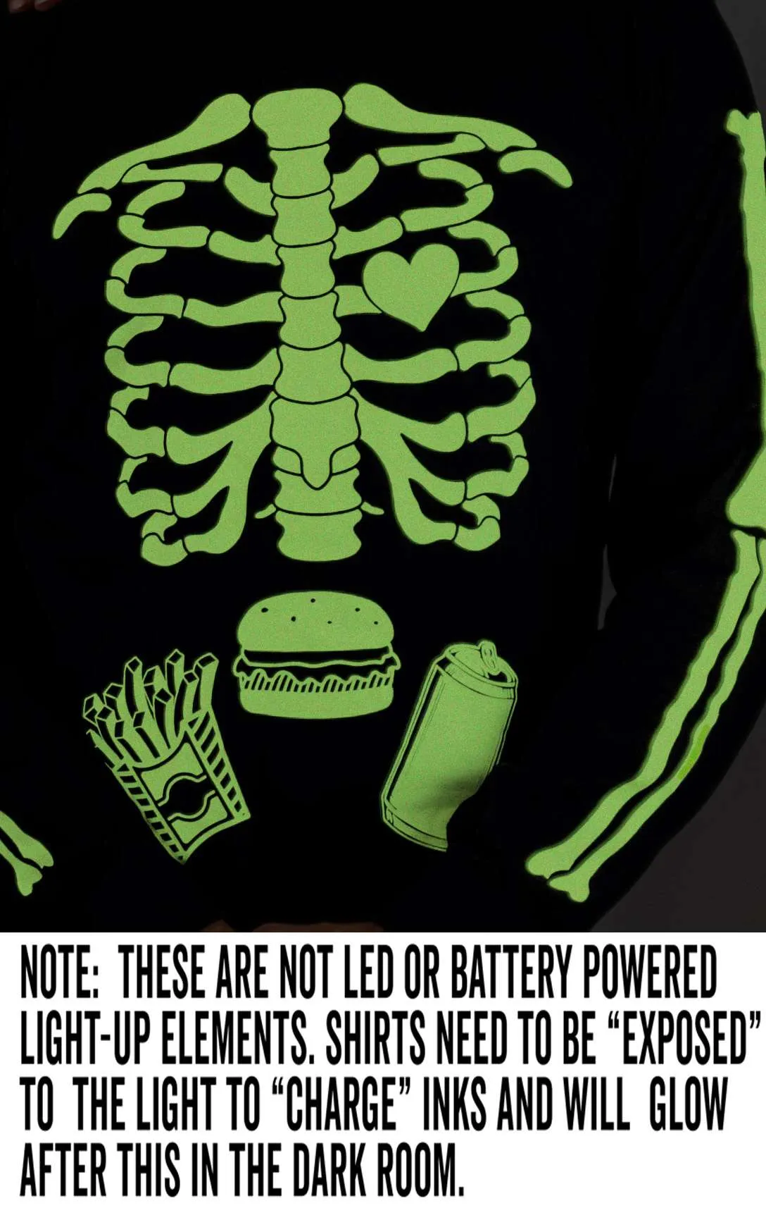Glow in the Dark Men's Halloween Skeleton Long sleeve shirt ribcage bones funny food burger soda glowing shirt