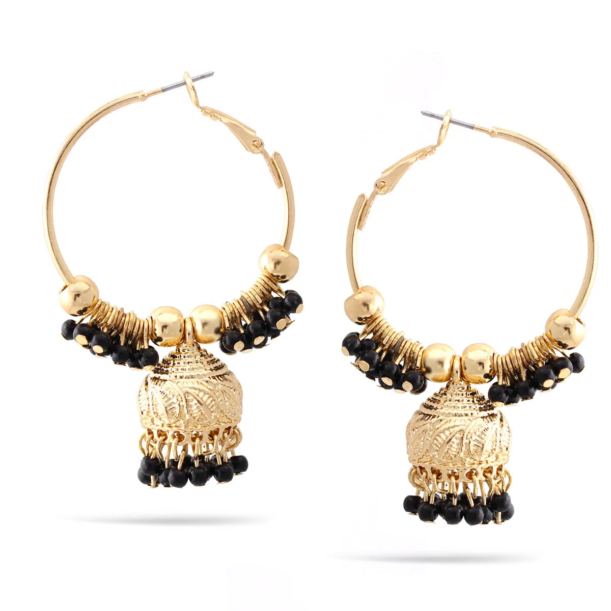 GOLD BLACK BEADS DOGRA JHUMKA CHANDELIER EARRINGS #SQ312-76-4 (GB16)