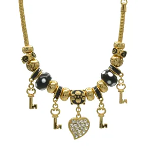 Gold Black Resin Beads Heart And Key Crystal Charm Bracelet  #HNB82320GBK
