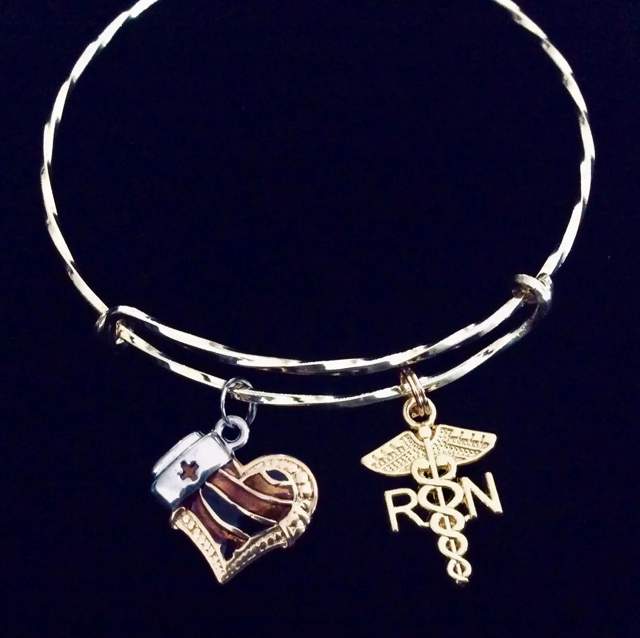 Gold Charm Bracelet RN Nurses Gift Expandable Adjustable One Size Fits All Animal Print Design Nurses Hat