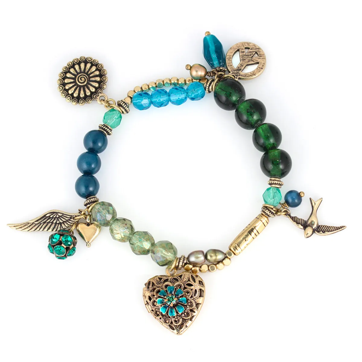 GOLD CHARMS AND FILIGREE LOCKET CRYSTAL  BRACELETS #215GN2101 (1D2)