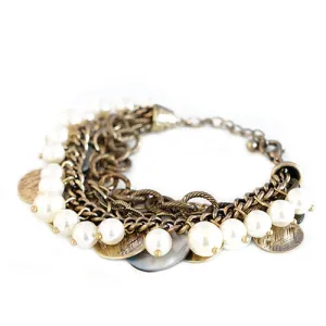 GOLD-CREAM MOTHER OF PEARL AND TEXTURED GOLD COIN WITH GOLD CHAIN CHARM BRACELET  #SB30759_CRM-CREY