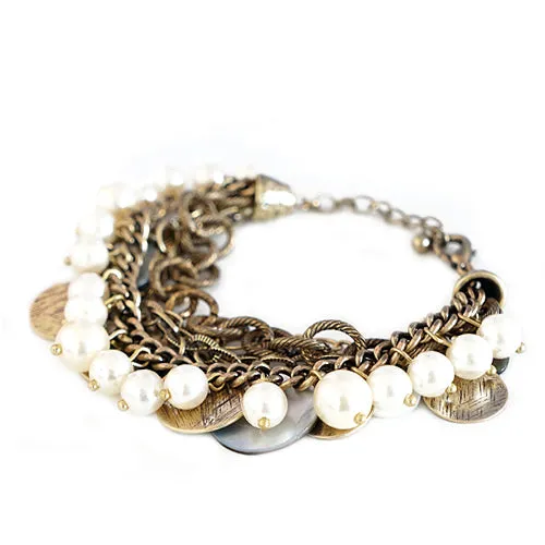 GOLD-CREAM MOTHER OF PEARL AND TEXTURED GOLD COIN WITH GOLD CHAIN CHARM BRACELET  #SB30759_CRM-CREY