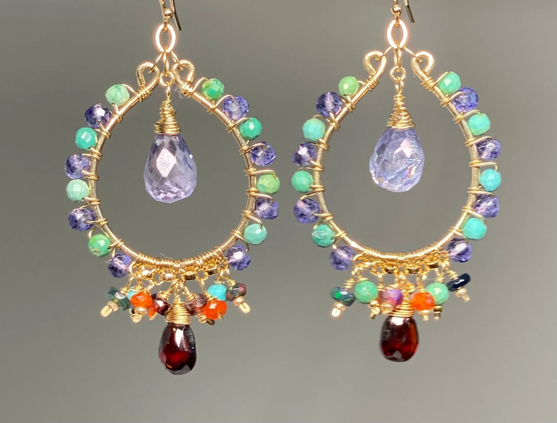 Gold Hoop Chandelier Earrings Iolite, Turquoise, Garnet, Opal