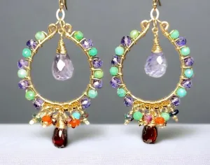 Gold Hoop Chandelier Earrings Iolite, Turquoise, Garnet, Opal