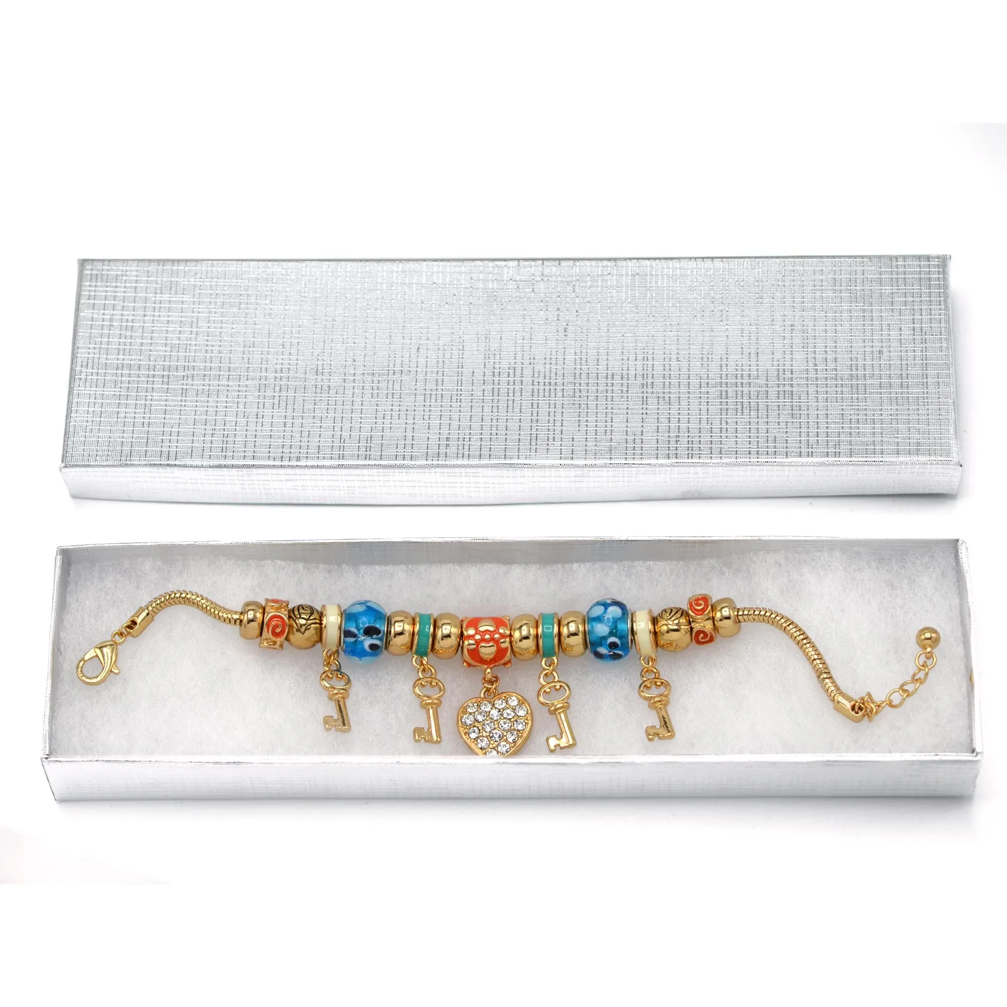 Gold Multi Color Beads Heart And Key Crystal Charm  Bracelet #HNB82320GMT (LD26-LA24)