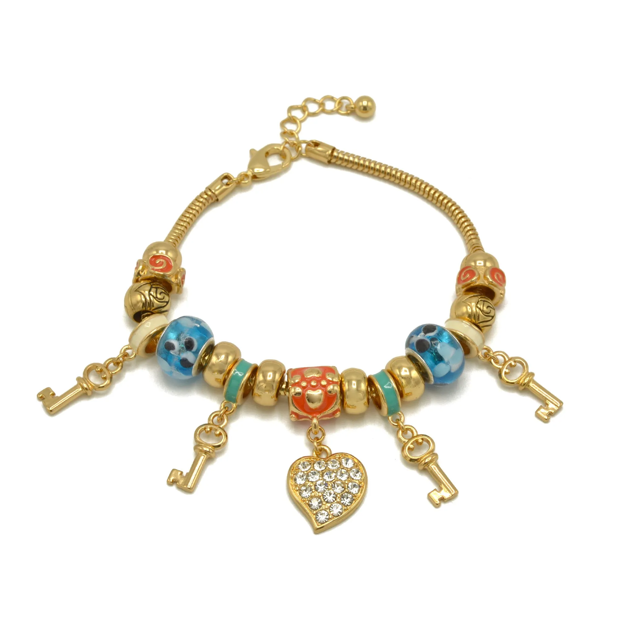 Gold Multi Color Beads Heart And Key Crystal Charm  Bracelet #HNB82320GMT (LD26-LA24)
