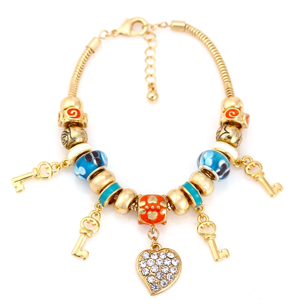 Gold Multi Color Beads Heart And Key Crystal Charm  Bracelet #HNB82320GMT (LD26-LA24)