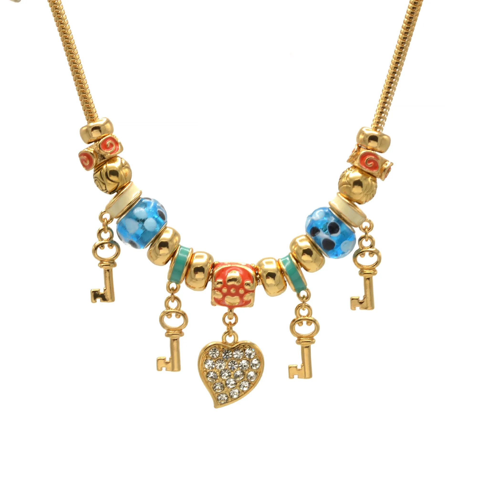 Gold Multi Color Beads Heart And Key Crystal Charm  Bracelet #HNB82320GMT (LD26-LA24)