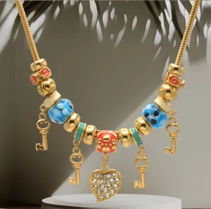 Gold Multi Color Beads Heart And Key Crystal Charm  Bracelet #HNB82320GMT (LD26-LA24)