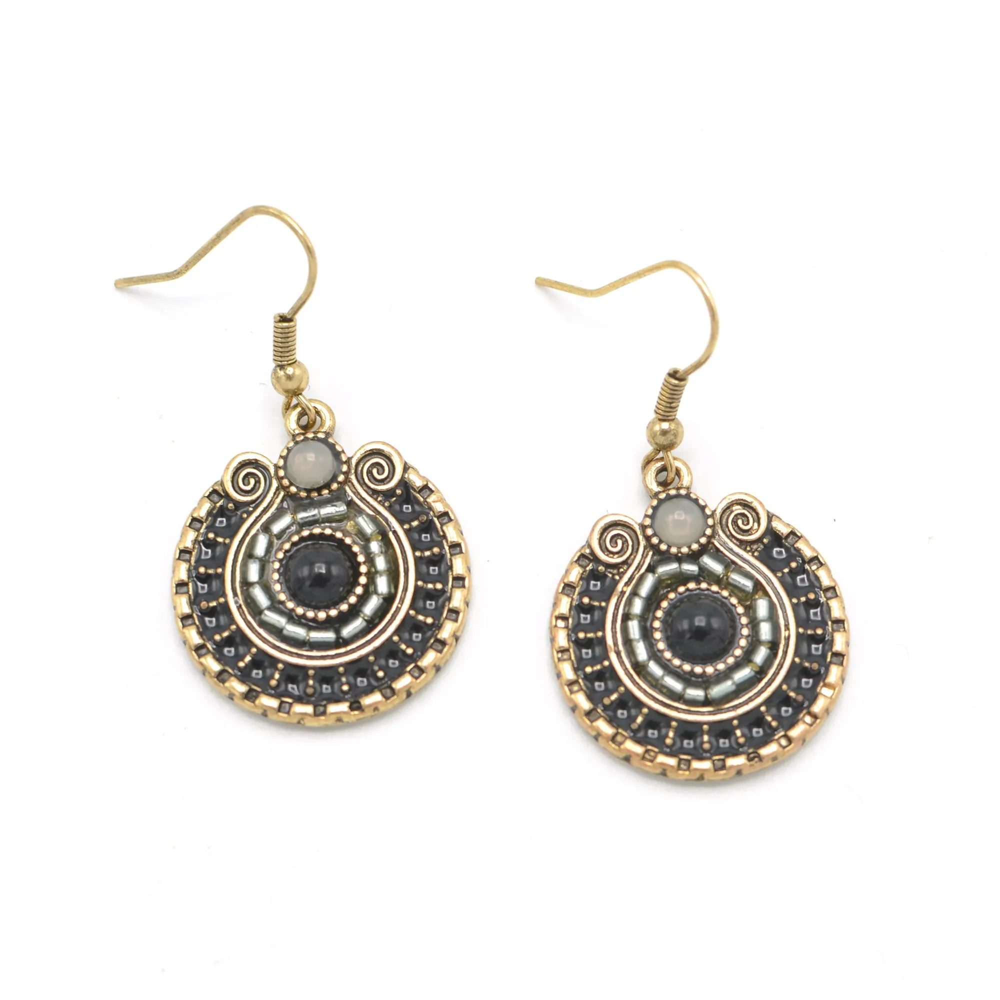 GOLD OXIDIZE ROUND DISK WITH  BEAD EARRINGS#SE25049GDGRY (NA16/KD6)