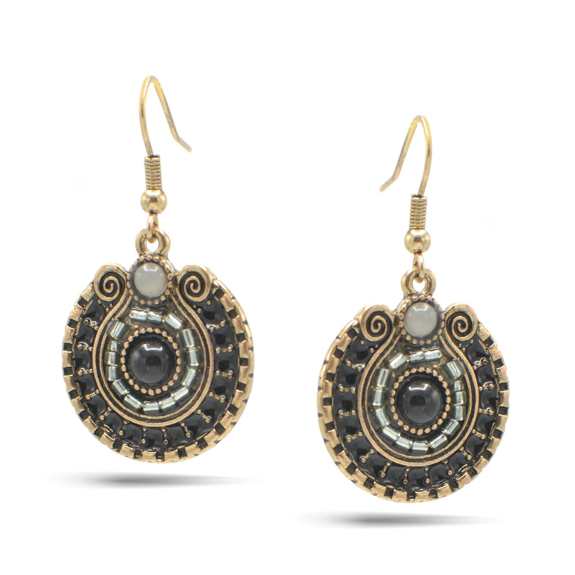 GOLD OXIDIZE ROUND DISK WITH  BEAD EARRINGS#SE25049GDGRY (NA16/KD6)