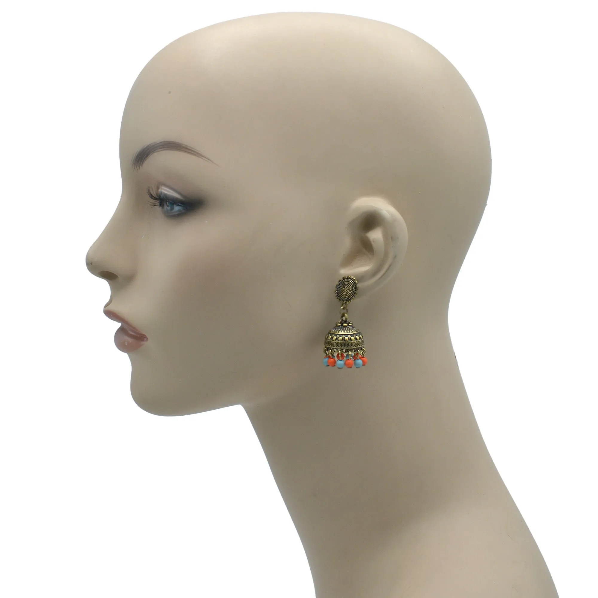 GOLD TURQUOISE AND CORAL DOGRA JHUMKA EARRING #SQMJY-1702GM (JD9)