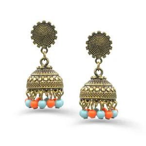 GOLD TURQUOISE AND CORAL DOGRA JHUMKA EARRING #SQMJY-1702GM (JD9)