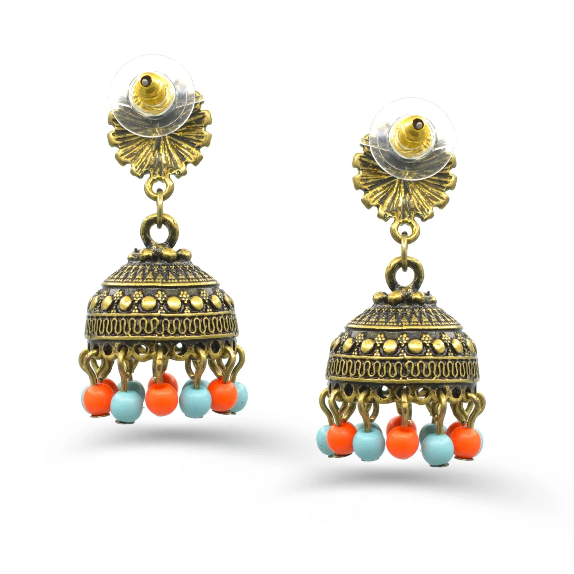 GOLD TURQUOISE AND CORAL DOGRA JHUMKA EARRING #SQMJY-1702GM (JD9)