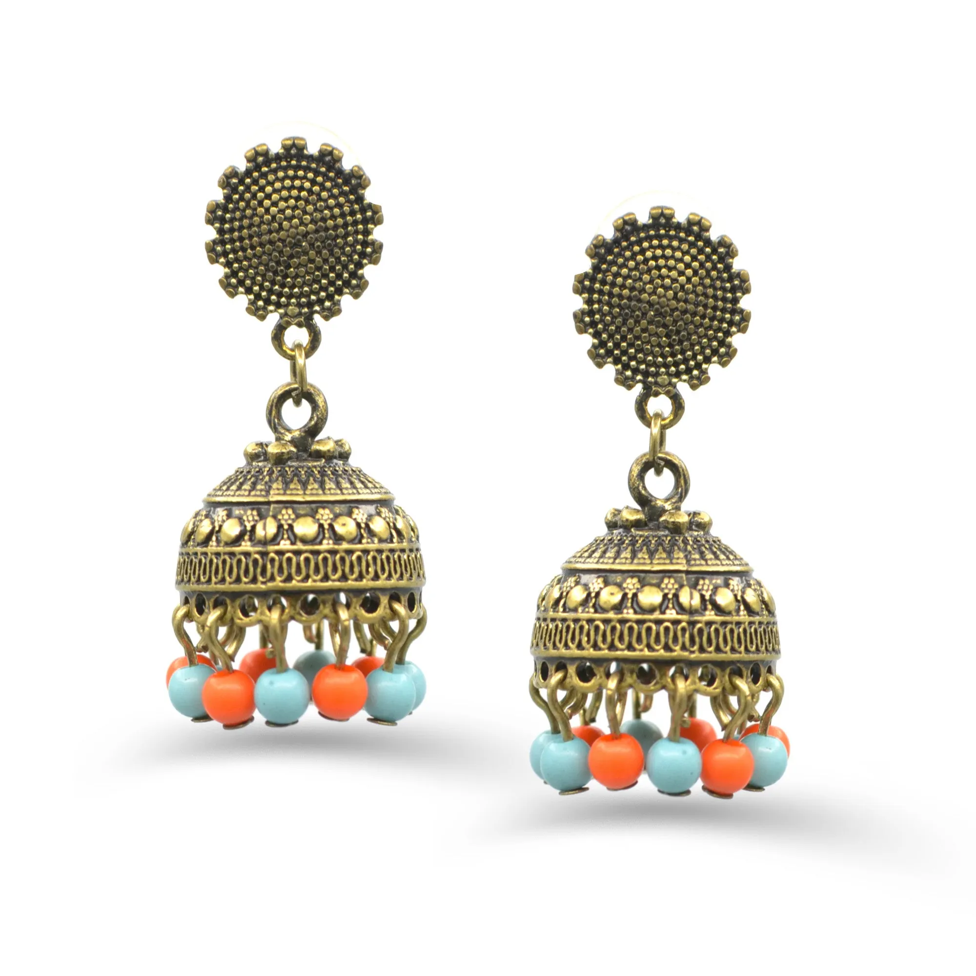 GOLD TURQUOISE AND CORAL DOGRA JHUMKA EARRING #SQMJY-1702GM (JD9)