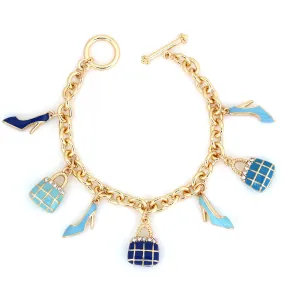 GOLD TURQUOISE AND NAVYBLUE CRYSTAL CHARMS BRACELET #HNB86111GDMT(UD7)