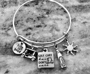 Golf Cart Hair Don't Care Expandable Silver Charm Bracelet Life is Good Jewelry Silver Bangle One Size Fits All Adjustable Gift for Women