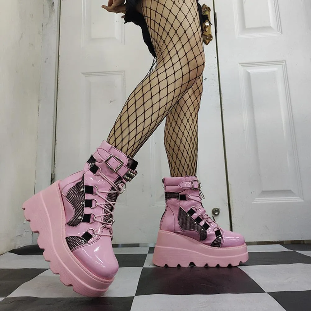 Gothic Platform Wedge Boots for Women - Knee High Black Lace-up Fashion by Bonjomarisa